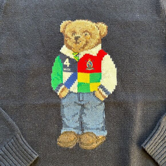 POLO BEAR RALPH LAUREN KNITTED COTTON CREWNECK SWEATER NAVY YOUTH SZ XL - Picture 3 of 7